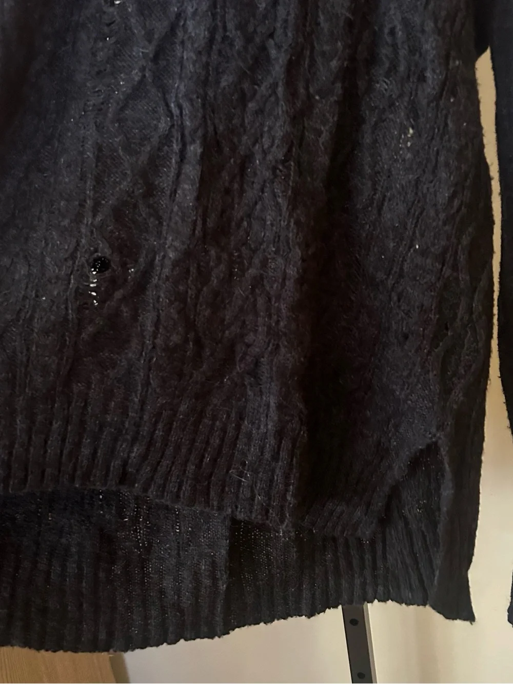 Free People Distressed Cable Knit Turtleneck Sweater Oversized Cowl Black Small